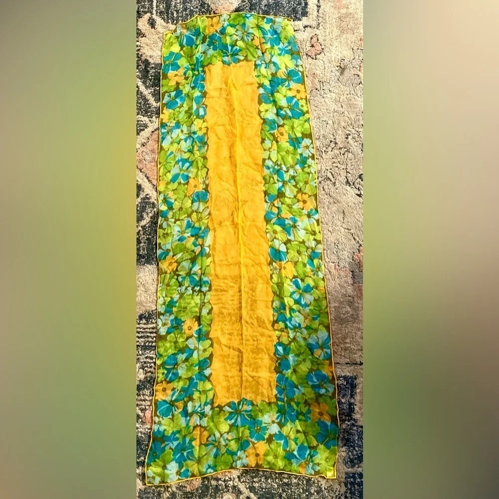 Glentex 100% Silk Vintage Scarf Hand Rolled Japan Floral Green Blue Orange Large
